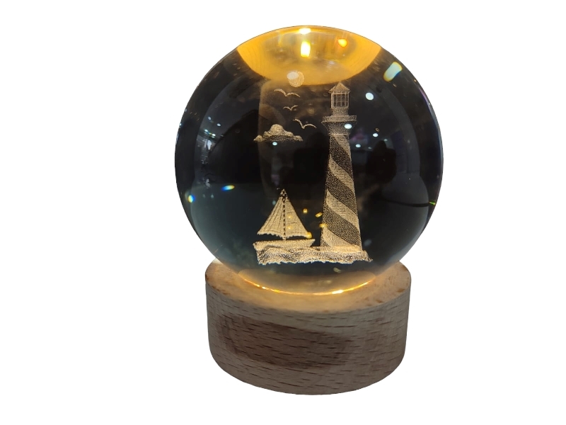 Toptan Ahşap Standlı Deniz Feneri Cam Küre 6 cm