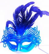 Toptan Metalize Mavi Renk Tüylü Balo Maskesi