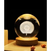Toptan Şans Tüyü Karahindiba Tasarımlı Ahşap Altlıklı Işıklı Cam Küre 6 cm